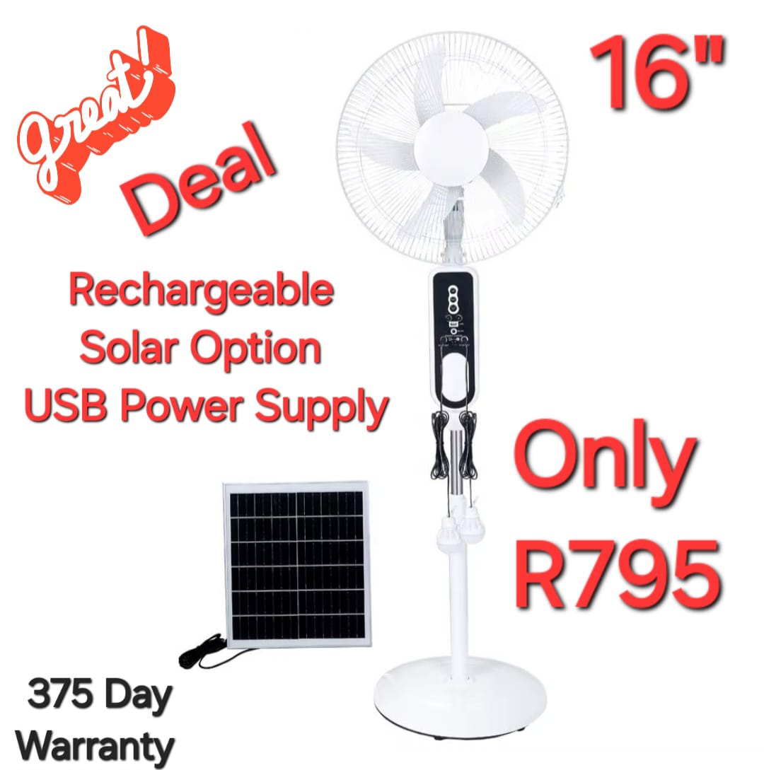 Fan 16" Rechargeable Pedestal fan. Solar Input. USB output. Charge via plug point or Solar panel.