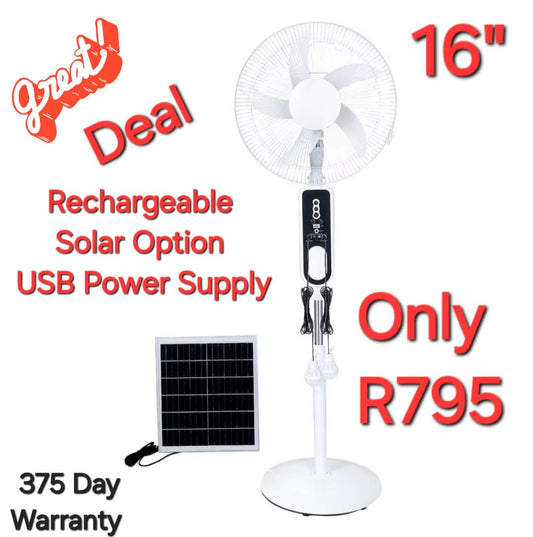 Fan 16" Rechargeable Pedestal fan. Solar Input. USB output. Charge via plug point or Solar panel.